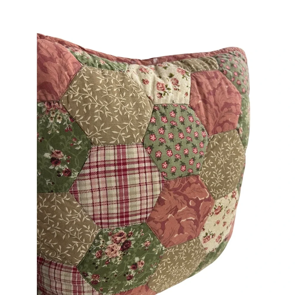Patchwork Floral Hexagon Throw Pillow Green Pink Cotton Farmhouse Accent